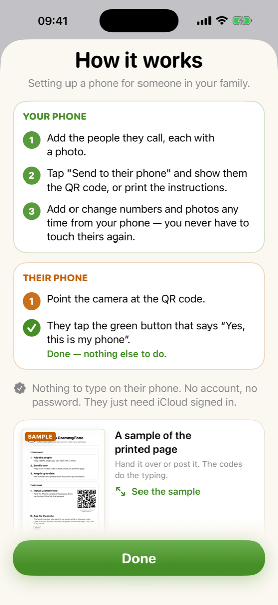 The GrammyFone How it works screen, showing the steps for your phone beside the steps for their phone