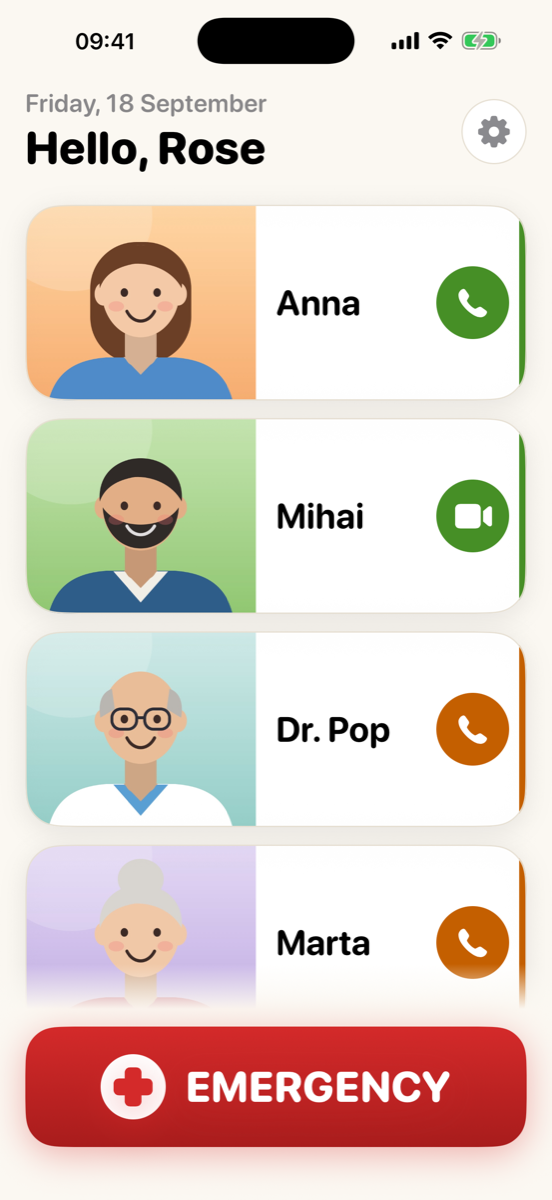 GrammyFone home screen with large photo buttons for family and friends and a red Emergency button
