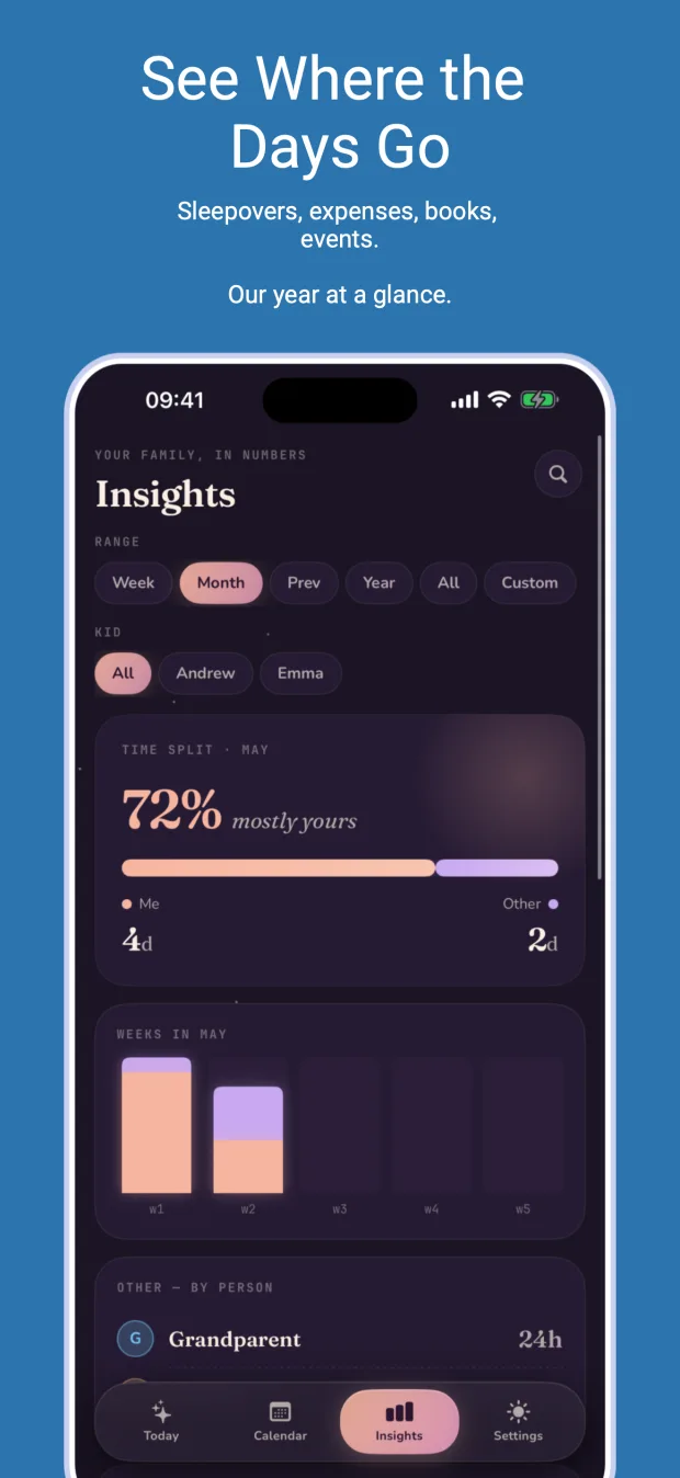 Insights view with monthly custody split
