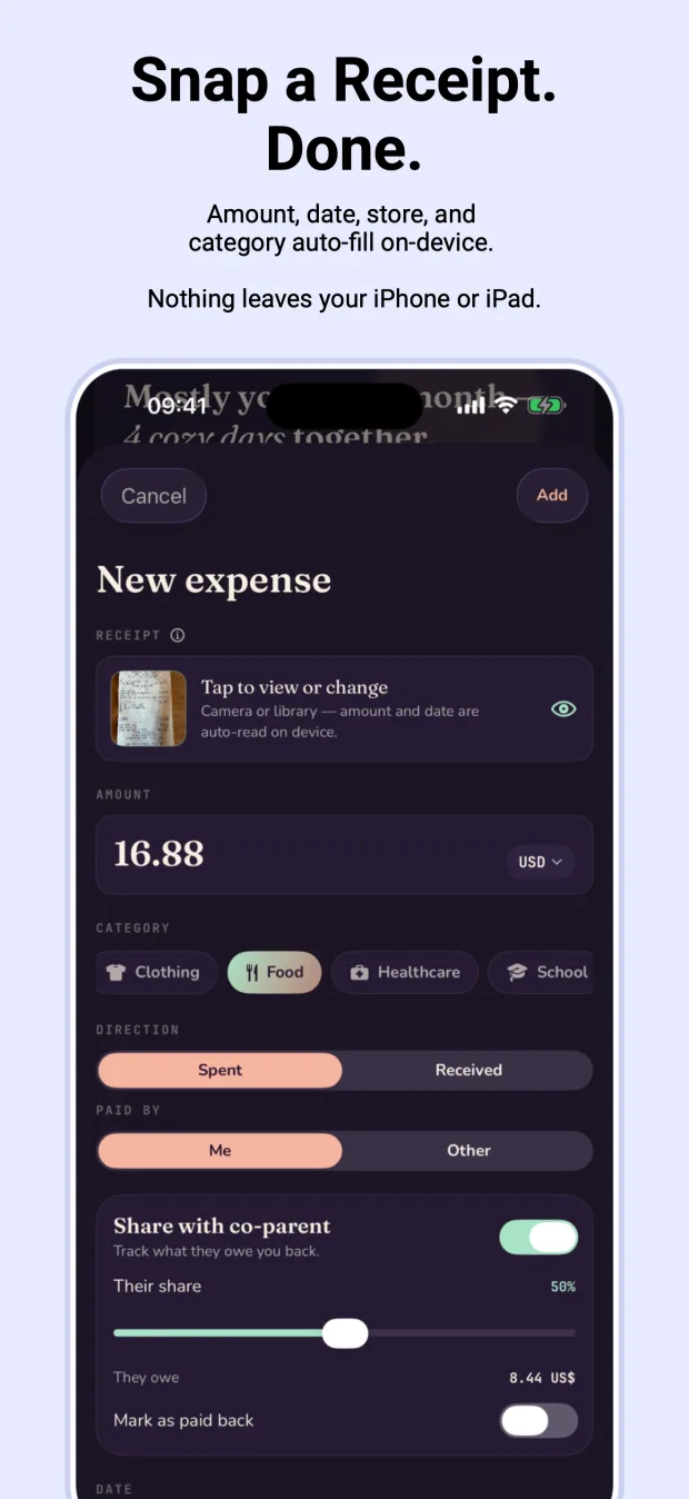 SoloFamily expense screen with receipt photo and reimbursement controls
