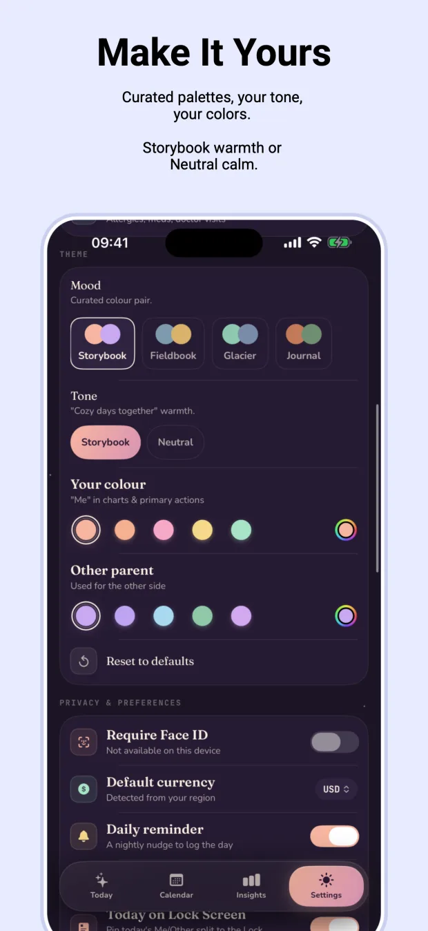 Settings view with palette, privacy, export, and reminder controls