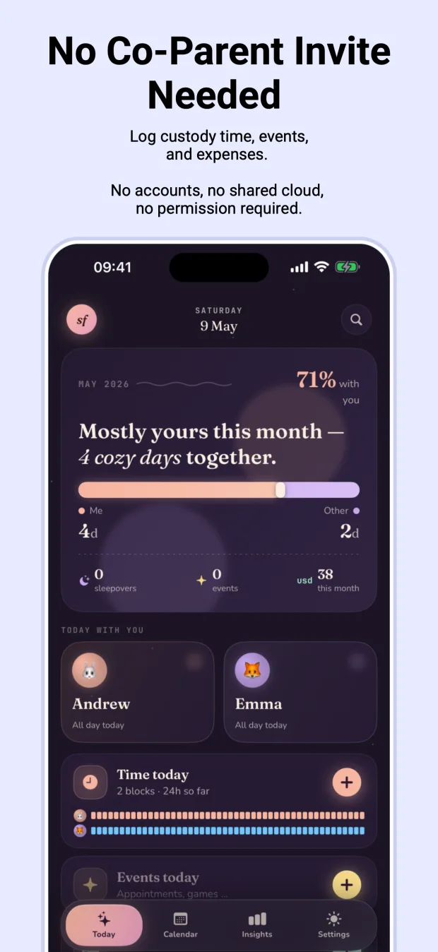 SoloFamily Today screen showing monthly custody split, kids, time blocks, and events
