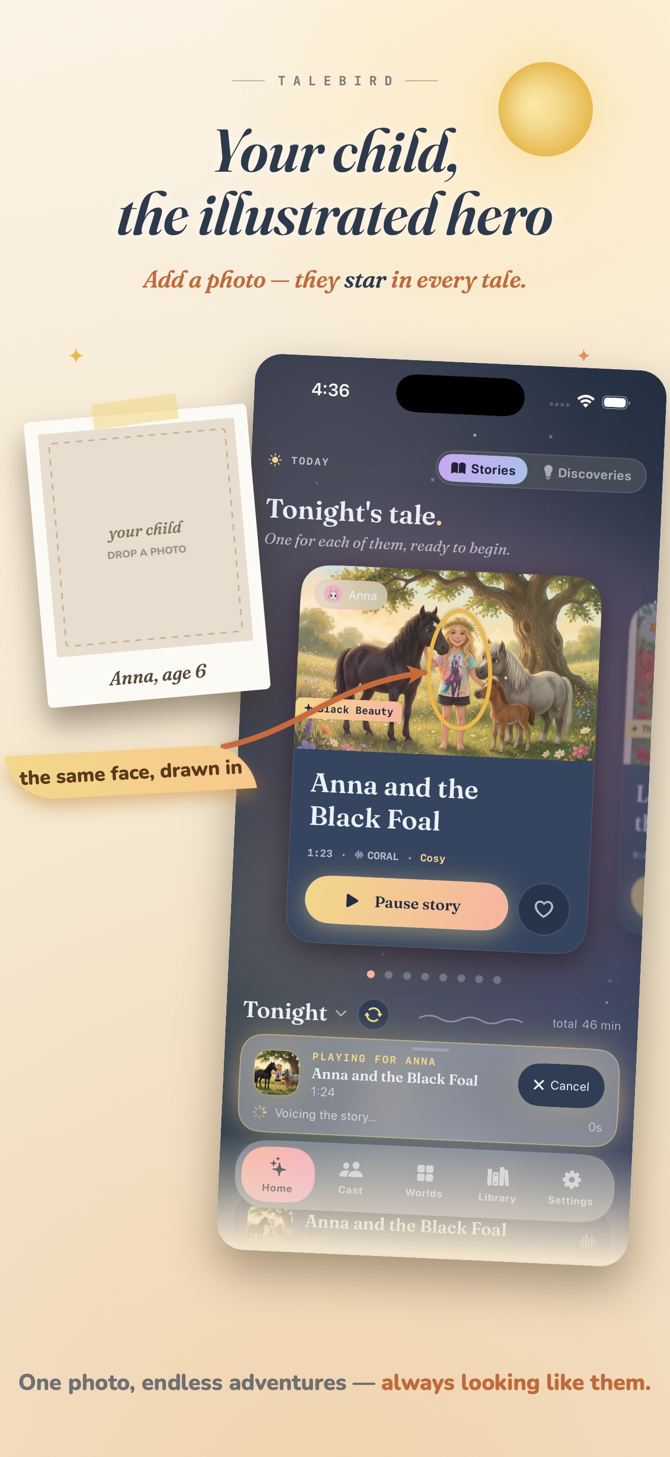 A personalized TaleBird illustrated story where a child appears inside the adventure