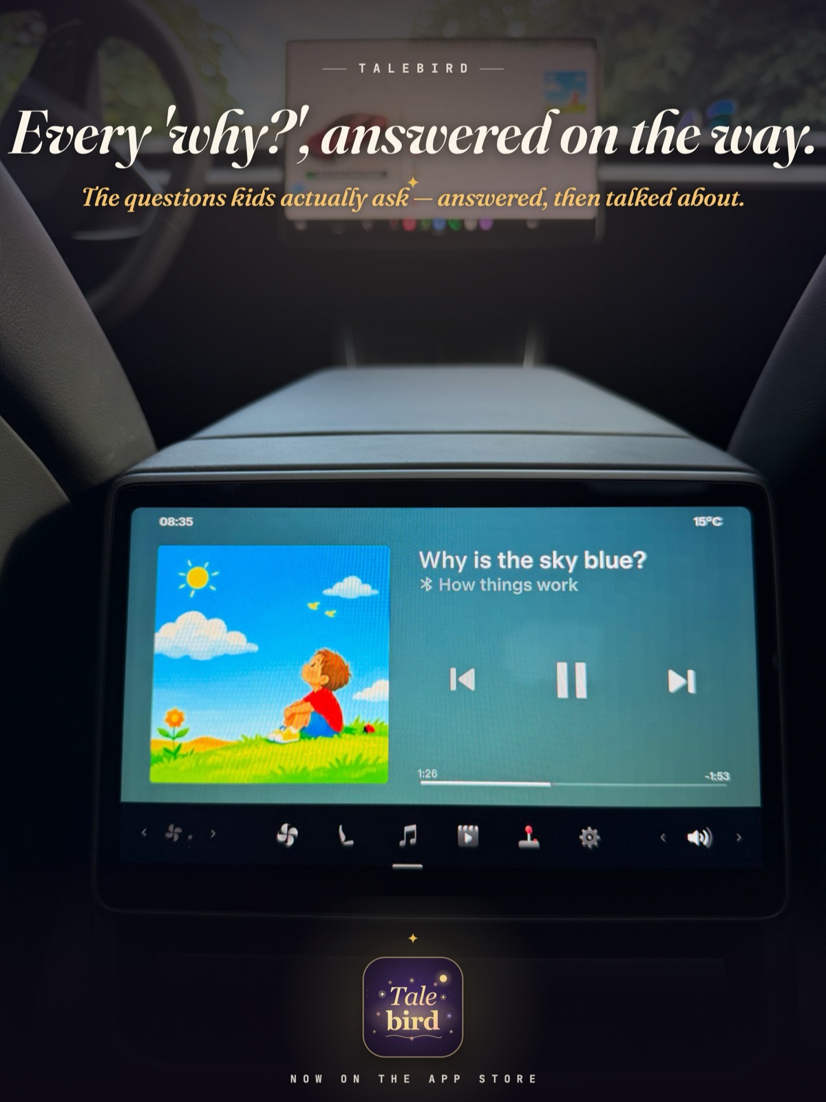 TaleBird playing a discovery - Why is the sky blue? - over Bluetooth on a car's screen