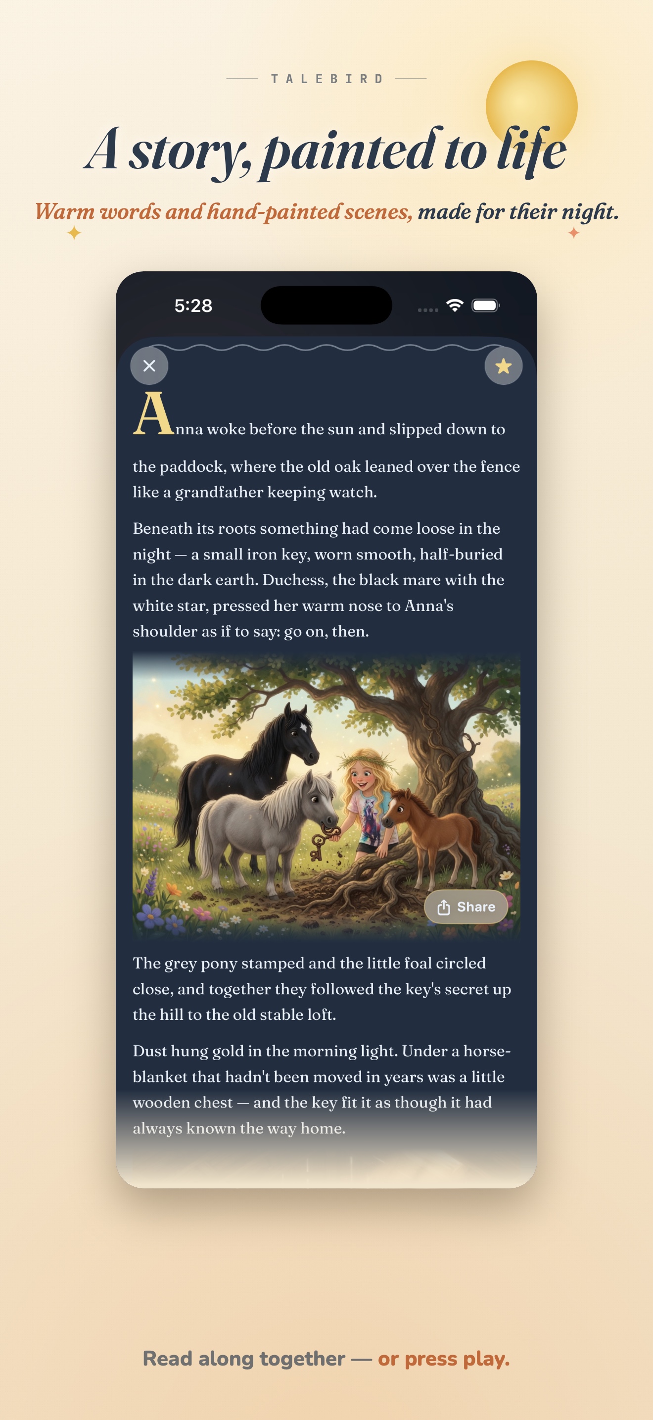 TaleBird reader screen with text and a hand-painted story scene
